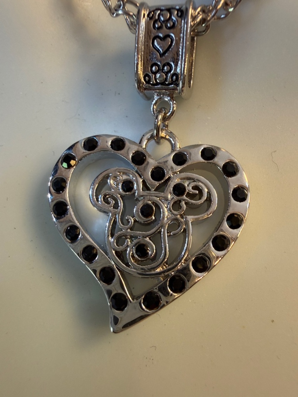 Mickey Mouse Silver Heart Pendant Necklace with Black Accents